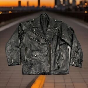 Vintage 90's Flight Path Leather Jacket XL Moto Biker Black Distressed Broken In